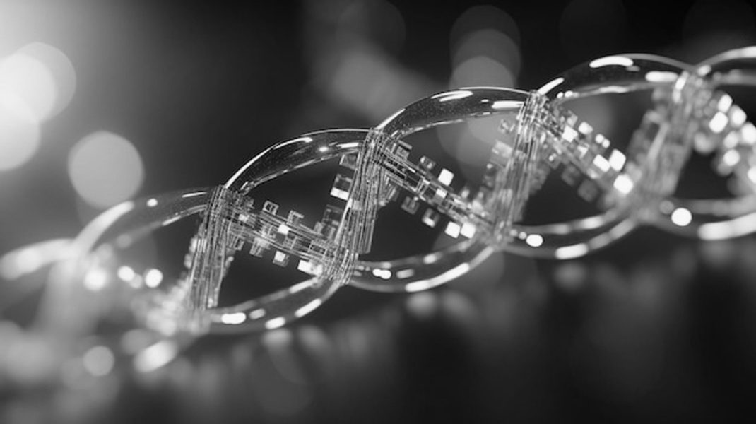 Double hélice d'ADN en noir et blanc