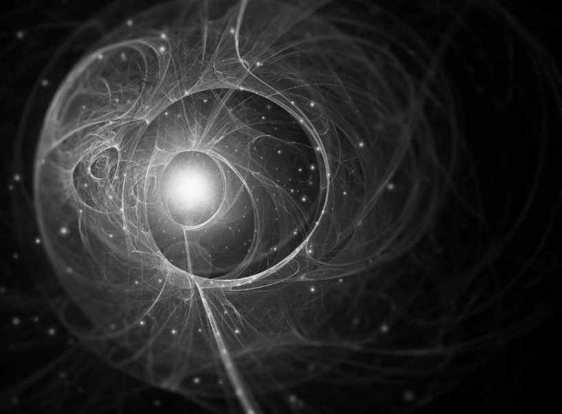 Particule lumineuse en orbite, en noir et blanc